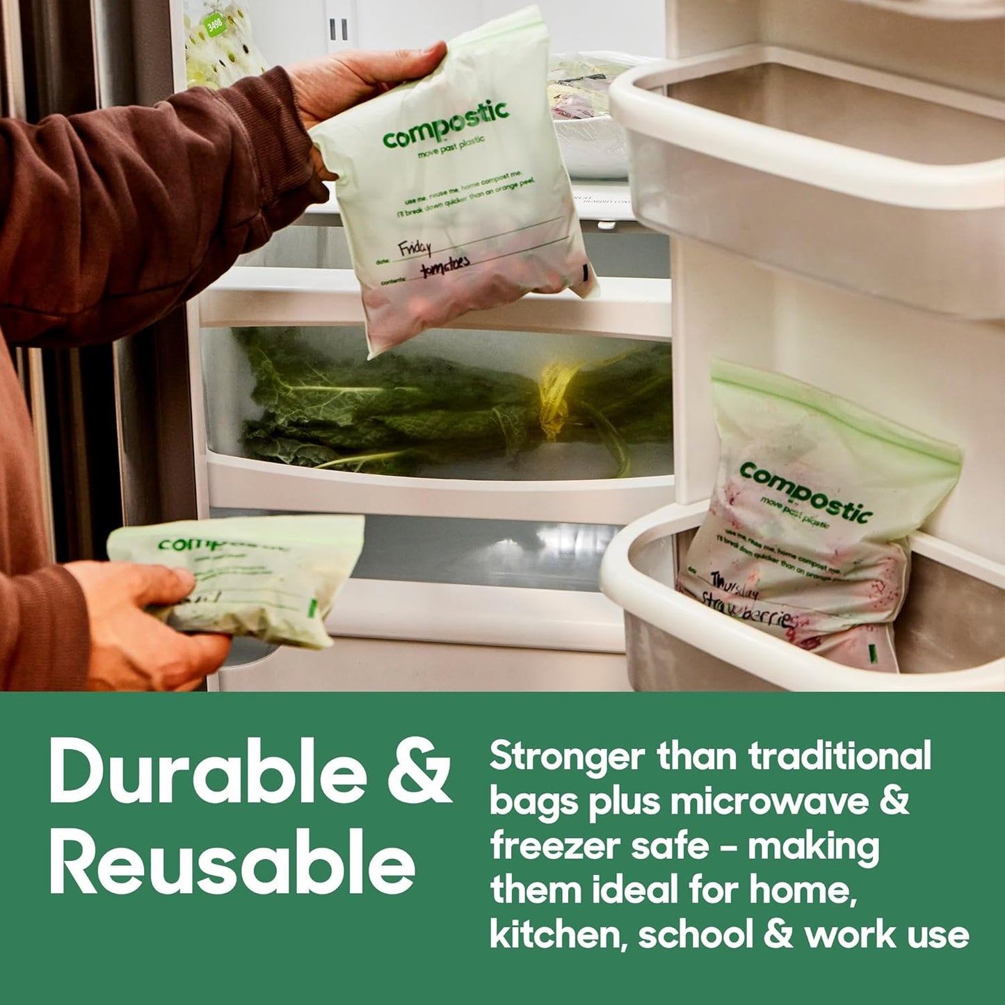 Home Compostable Resealable Gallon Bags (10.5"x10.5"), Microwave & Freezer Safe, Organic Food Storage Container, 30 Count (Pack of 2)