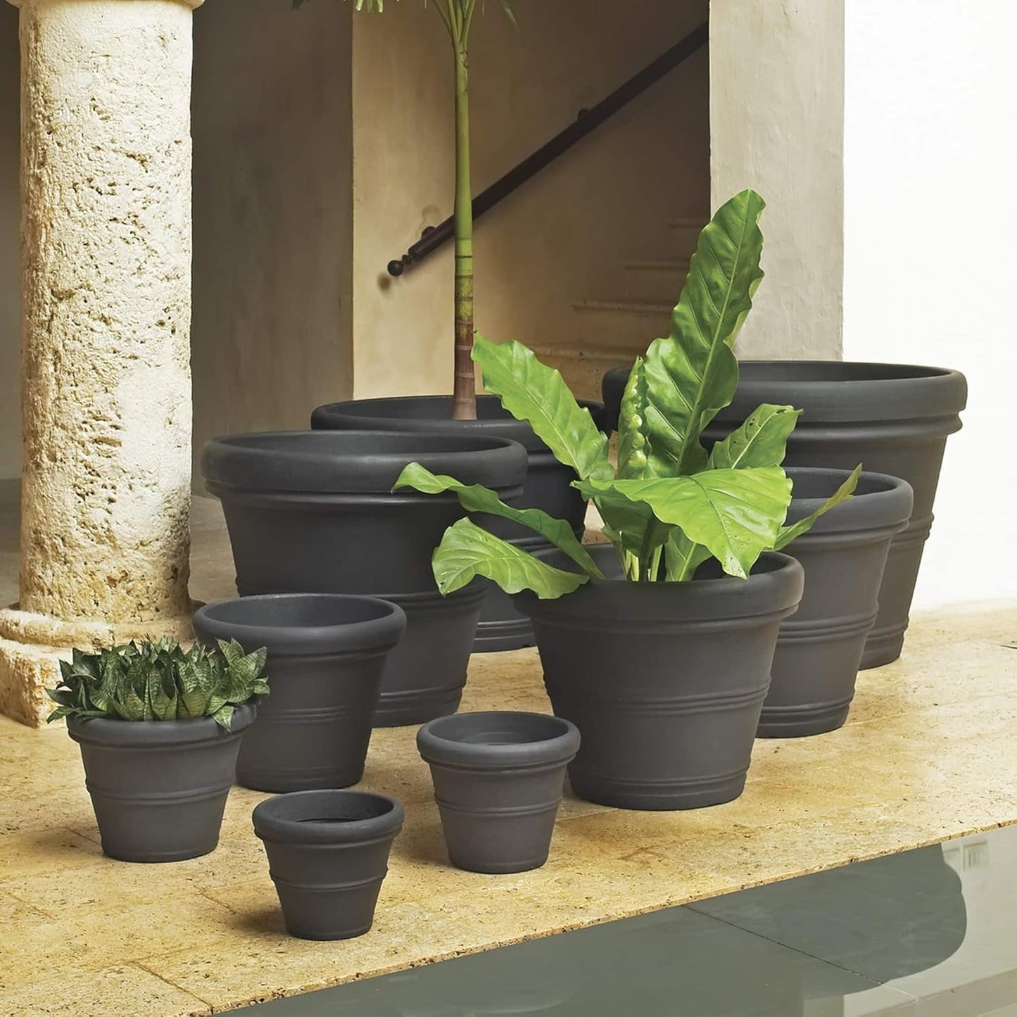 Crescent Garden Brunello Classic Rolled Rim Planter Pot, Indoor/Outdoor Weather-Safe Round Plant Pot, 14'' (Caviar Black)