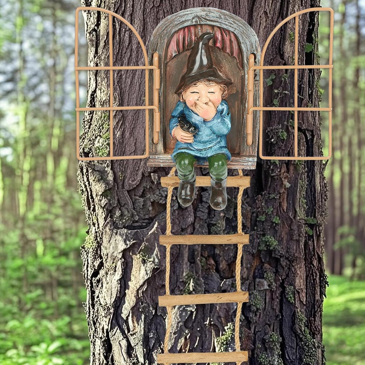 Garden Gnomes Decoration Outdoor Tree Faces Decor with Hanging Ladder for Yard, Elf Out The Door Tree Hugger Resin Garden Sculpture Peeker Yard Art Ornament Whimsical Gnome Decor for Patio Yard Lawn