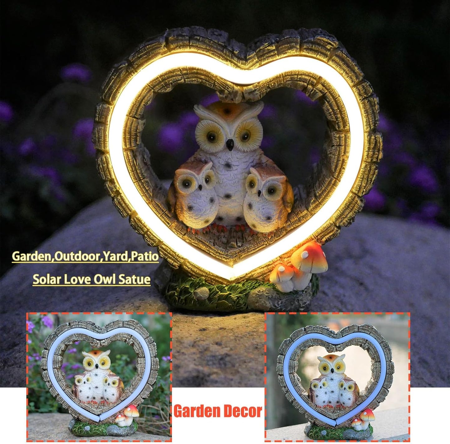 Solar Owl Garden Statue, Outdoor Waterproof Handmade Resin Statue,Garden Sculpture with Solar LED Lights, Warm Owl Statue Decoration, Suitable for Roads, Yards, lawns (Warm Owl Family)