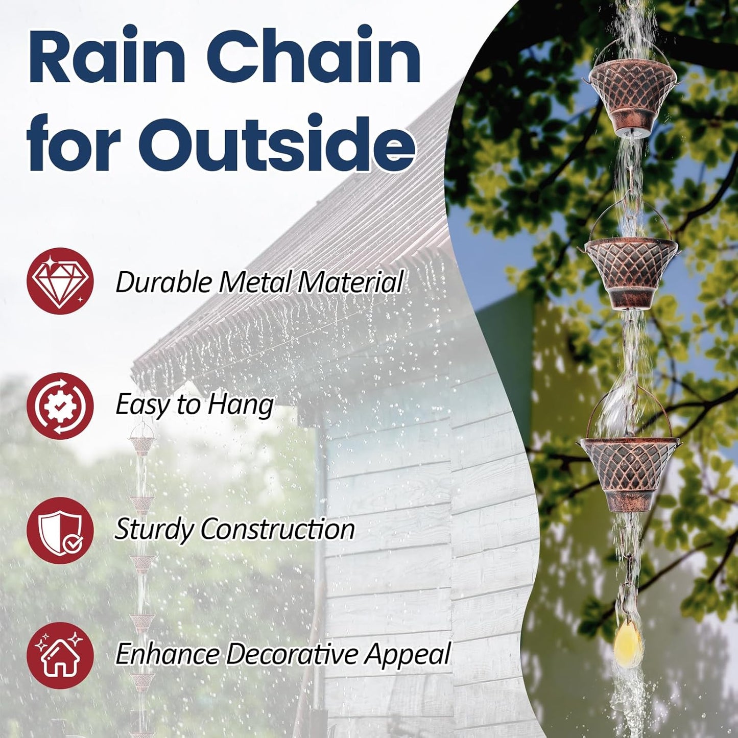 Rain Chains for Gutters, 8.5FT Durable Copper Rain Catcher Chain with 12 Cups, Decorative Replacement Downspout Rain Chain for Eaves Drainage