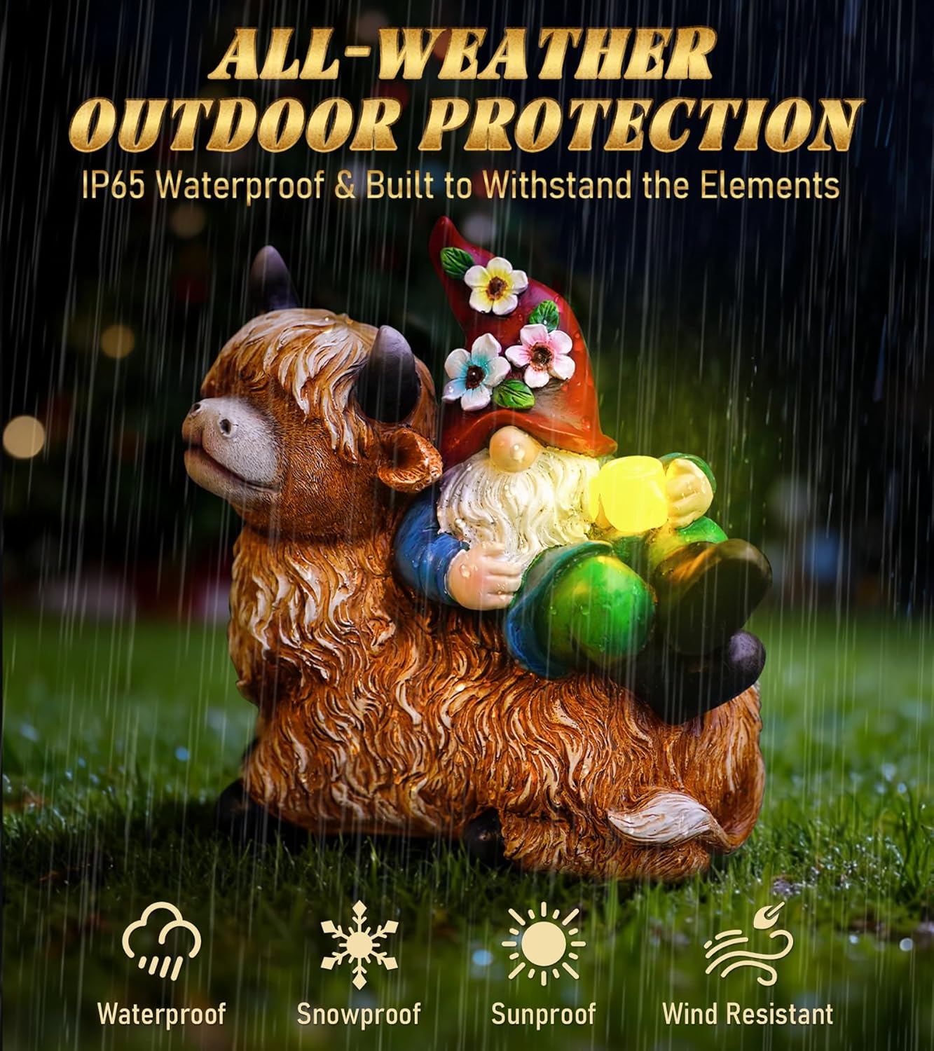 Garden Gnomes Decor Outdoor Statues Gnome on Highland Cow Hold Solar Cup Light Outdoor Decorations for Patio,Yard and Gift for Mom
