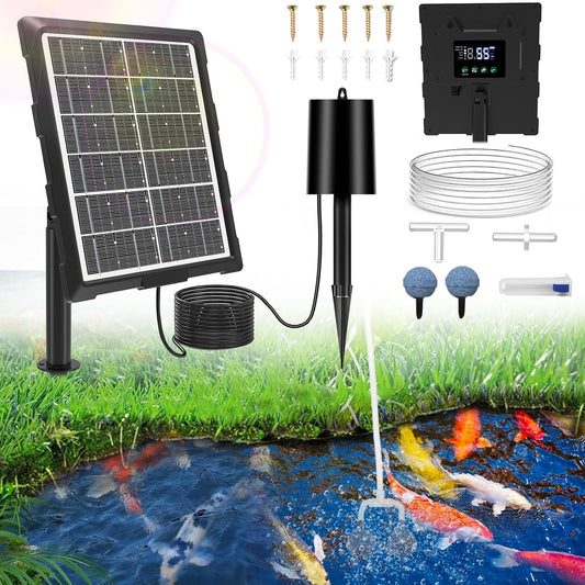 Upgraded Digital Display Solar Pond Aerator, 3 Working Modes(Low/Med/High) Solar Aerator for Outdoor Ponds with Timing Function, Solar Air Pump with Bubble Regulator for Small Ponds, Fish Tanks