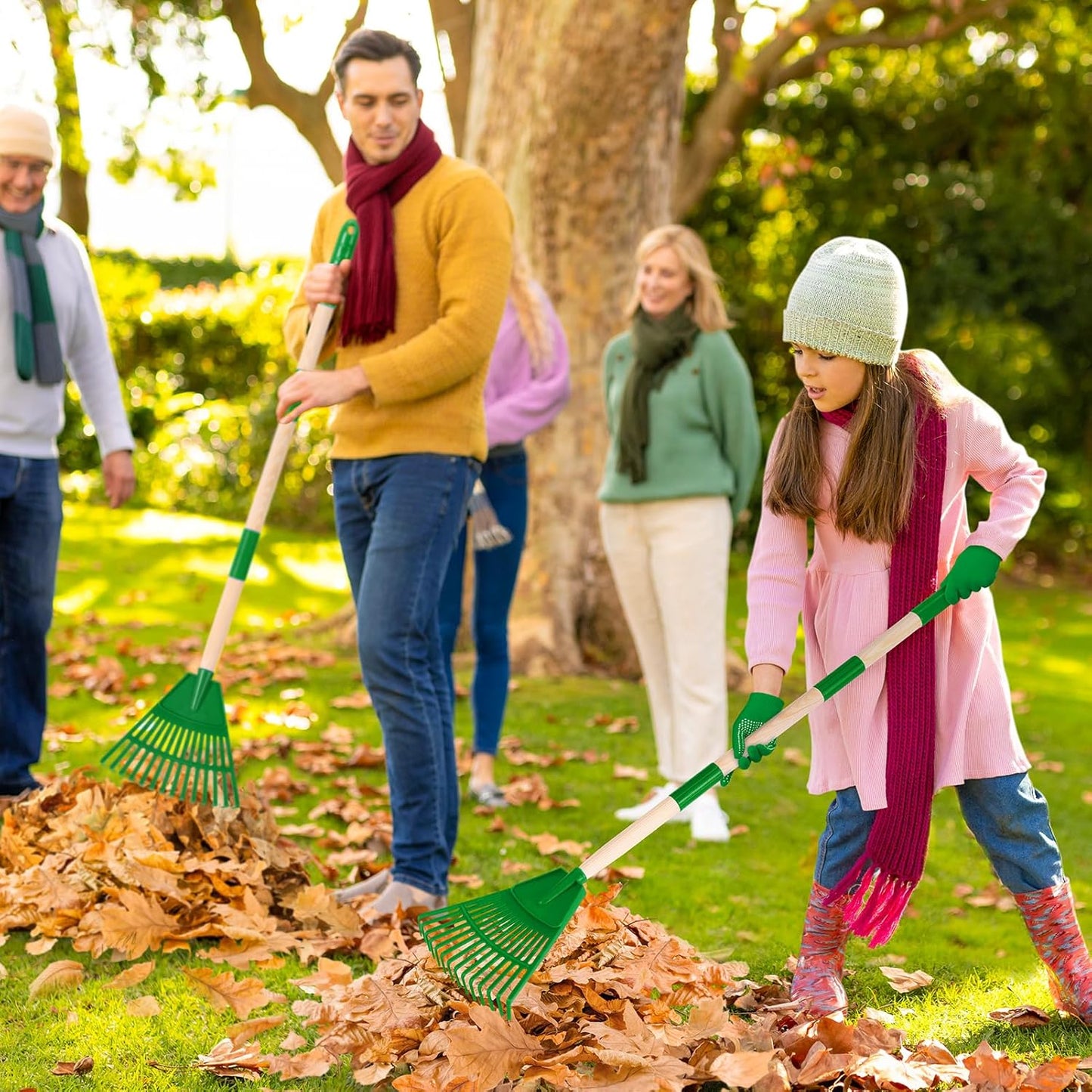 2 Pcs 35'' Kids Rakes for Leaves - Plastic Rake Head with 2 Pairs Kids Gloves, Small Kids Lawn Rakes Detachable Wooden Handle, Autumn Garden Tool Set for Kids Boys and Girls, Green, 3yr+