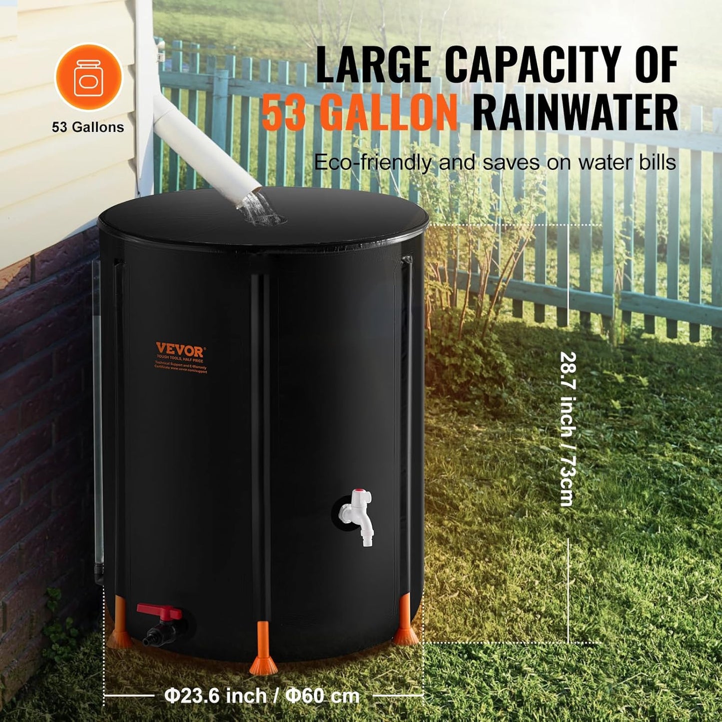 VEVOR Collapsible Rain Barrel, 53 Gallon/201 L Portable Rain Water Collection Barrel, PVC Rainwater Collection System with Spigots and Overflow Kit, Water Barrel for Garden Water Catcher