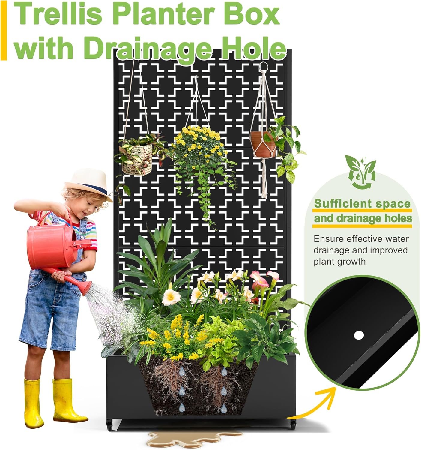 FENCY Metal Raised Garden Bed with Wheels and Trellis,73"x35"x16" Planter Box for Climbing Plants, Vegetables & Vines, Features Privacy Screen and Drainage Holes (Black-Square)