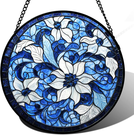 Stained Glass Window Hanging - Blue White Flowers Suncatcher for Doors Garden Patio Boho Style Sun Catchers Decor Christmas Mother's Day Birthday Gifts for Women Men Mom Nana Friend 7.8 in
