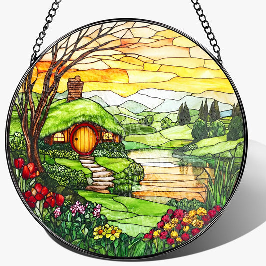 Stained Glass Window Hanging, Pauyadu 8 Inch The Shire Stained Glass Suncatcher, Window Decorations for Home, Mother's Day, Christmas, Birthday Gifts for Women, Mom, and Grandma, Nature Lovers