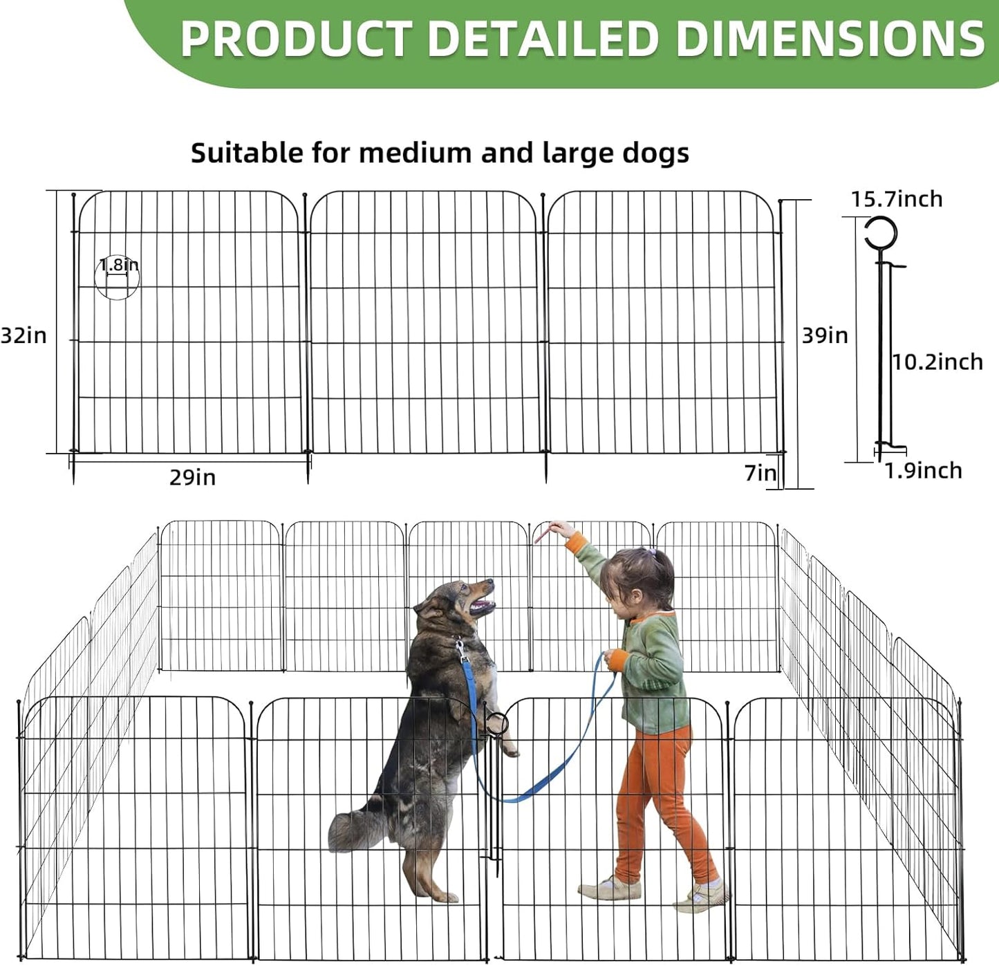 5 Panels No Dig Decorative Garden Fence with Gate, Total 11.8 ft(L) x 32 in(H) Animal Barrier Border for Dog, Rustproof Metal Wire Panel Border for Yard, Temporary Tall Fencing with Ground Stakes