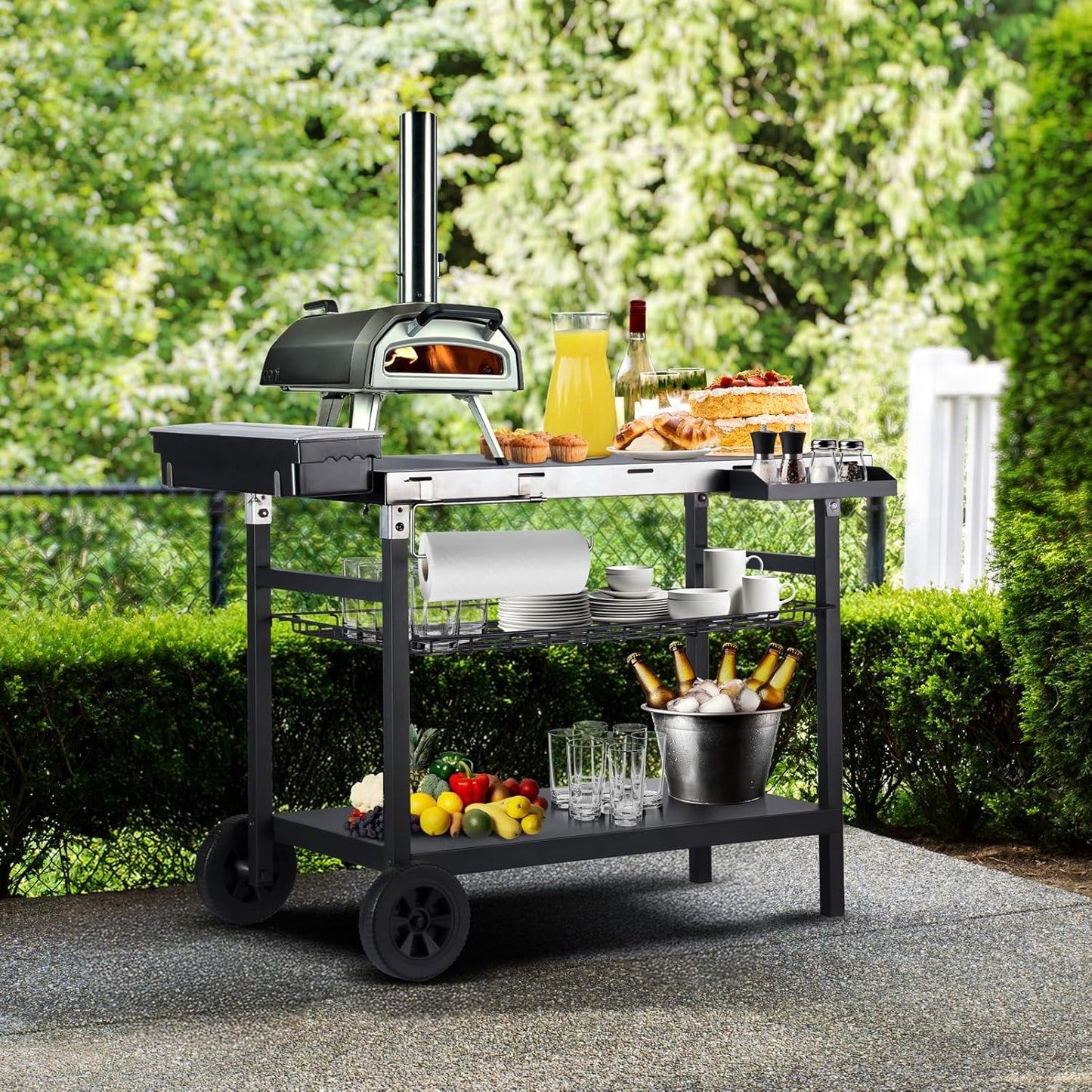 Outdoor Grill Cart, 500lb Dining Cart Table with Three-Shelf, Stainless Steel Rolling Movable Food Prep and Work Table