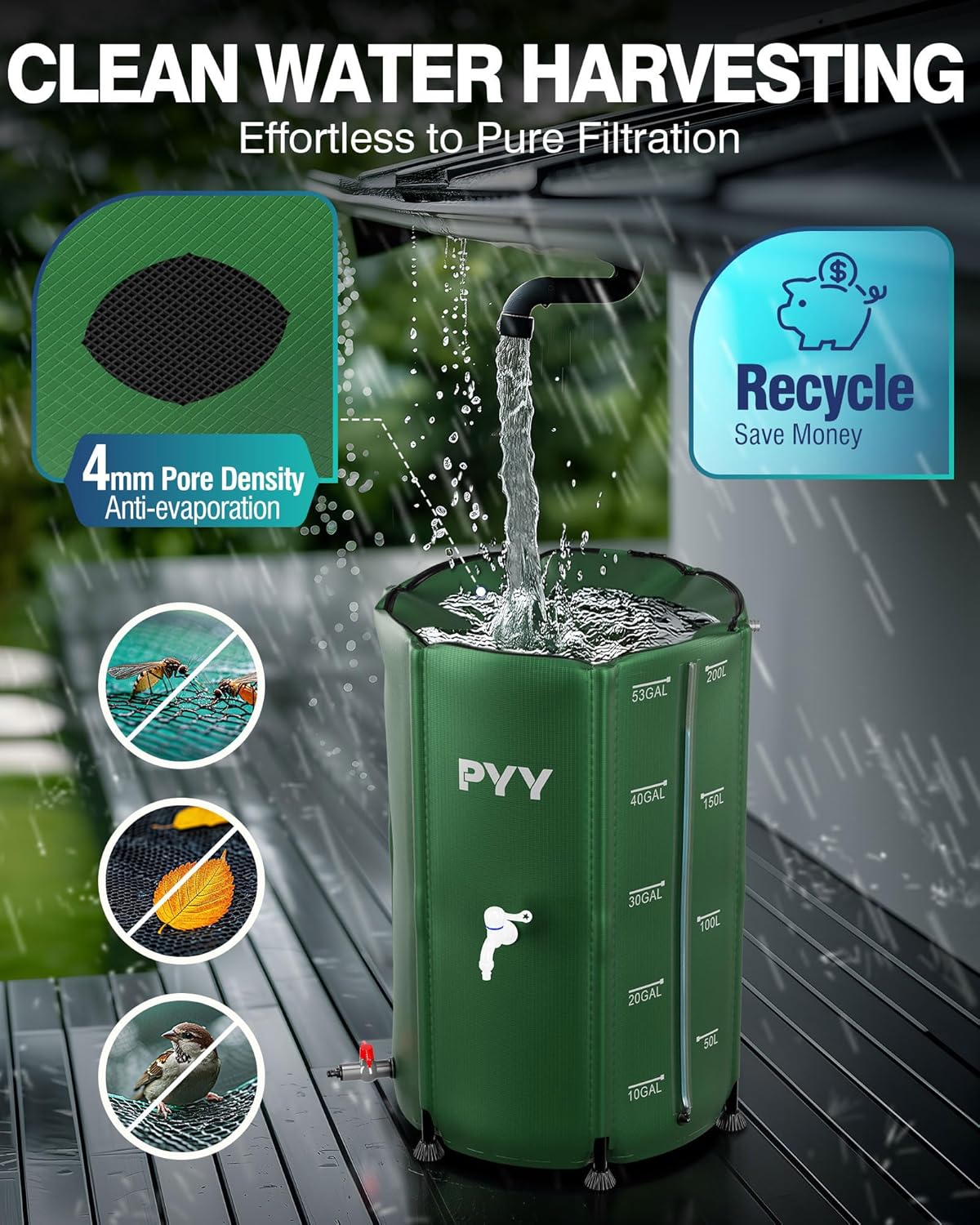 PYY Rain Water Collection Barrel - 53 Gallon Green Water Storage Tank with Spigots, Hose and Portable Bucket, Large Plastic Collapsible Rain Catcher Catchment System to Collect Rainwater from Gutter