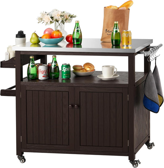 AHB Outdoor Grill Table Solid Wood Storage Cabinet, Rolling Kitchen Island, Movable Bar Cart with Stainless Steel Top for Outside Patio, Backyard, Garden (Two Doors)