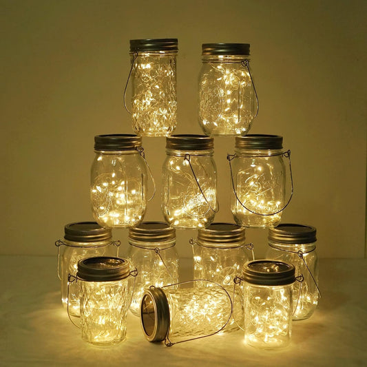 Decorman Solar Mason Jar Lights, 12 Pack 30 LED Fairy Star Firefly String Lids Lights with 12 Hangers for Patio Yard Garden Party Wedding Christmas Decoration(Jars Not Included)