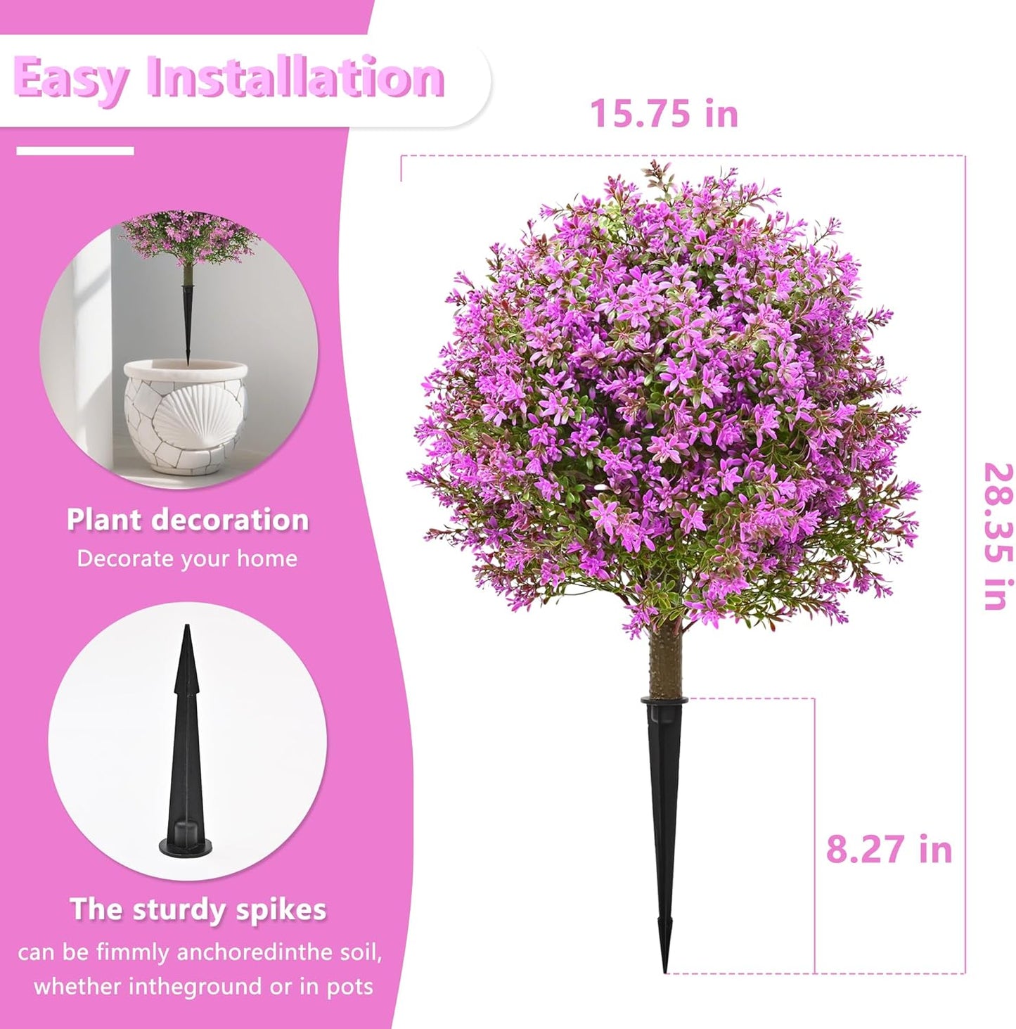 28" Artificial Boxwood Topiary Tree Purple, Set of 2 UV Resistant Fake Evergreen Shrubs Bushes with Ground Spike, Realistic Plants for Outdoor Indoor Front Porch Garden Home Decor