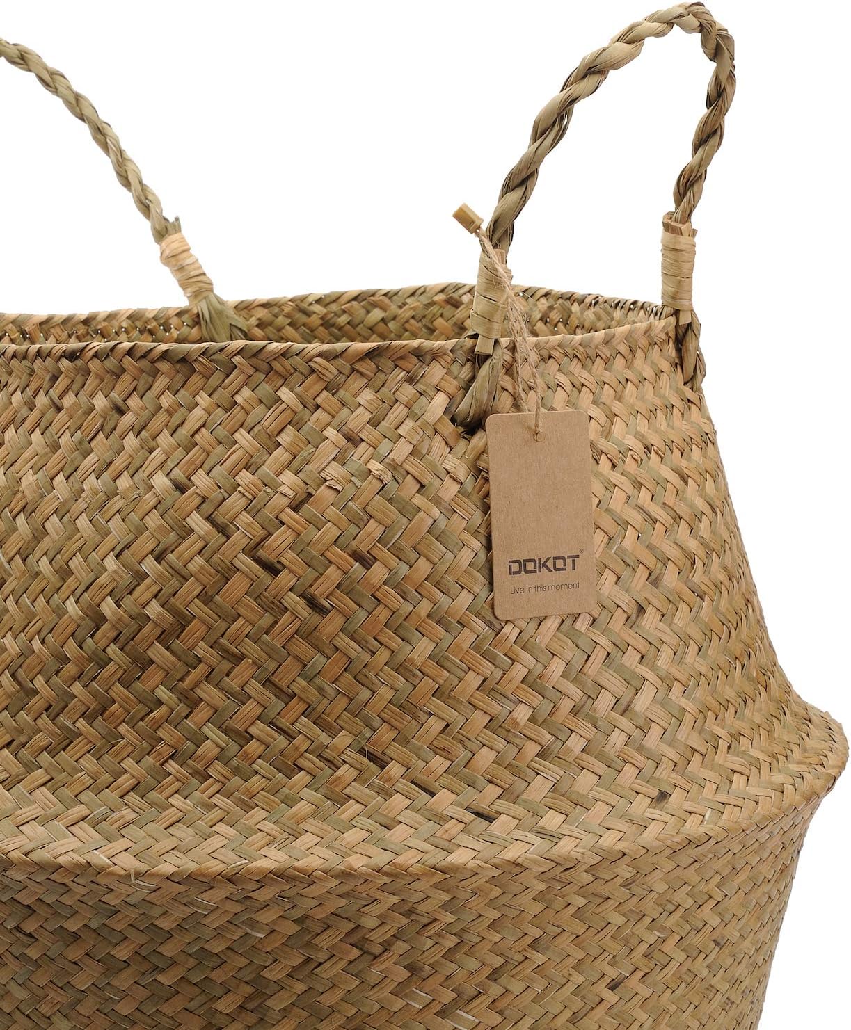 DOKOT Seagrass Plant Basket with Handles, Round Storage Wicker Basket (10.6inch Diameter x 12.5inch Height, Natural)