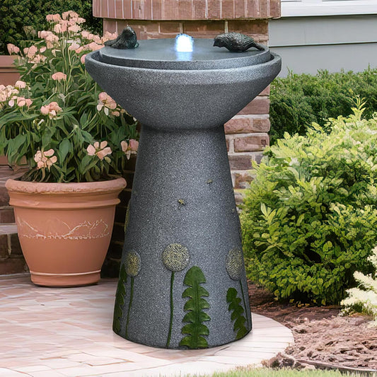 30.7" Outdoor Garden Floor-Standing Water Fountain with LED Light and Pump, Two Birds Embossed Pattern Pedestal Ceramic Watefall for Patio, Backyard, Deck, Porch and Home Art Decor (30.7" Two Birds)
