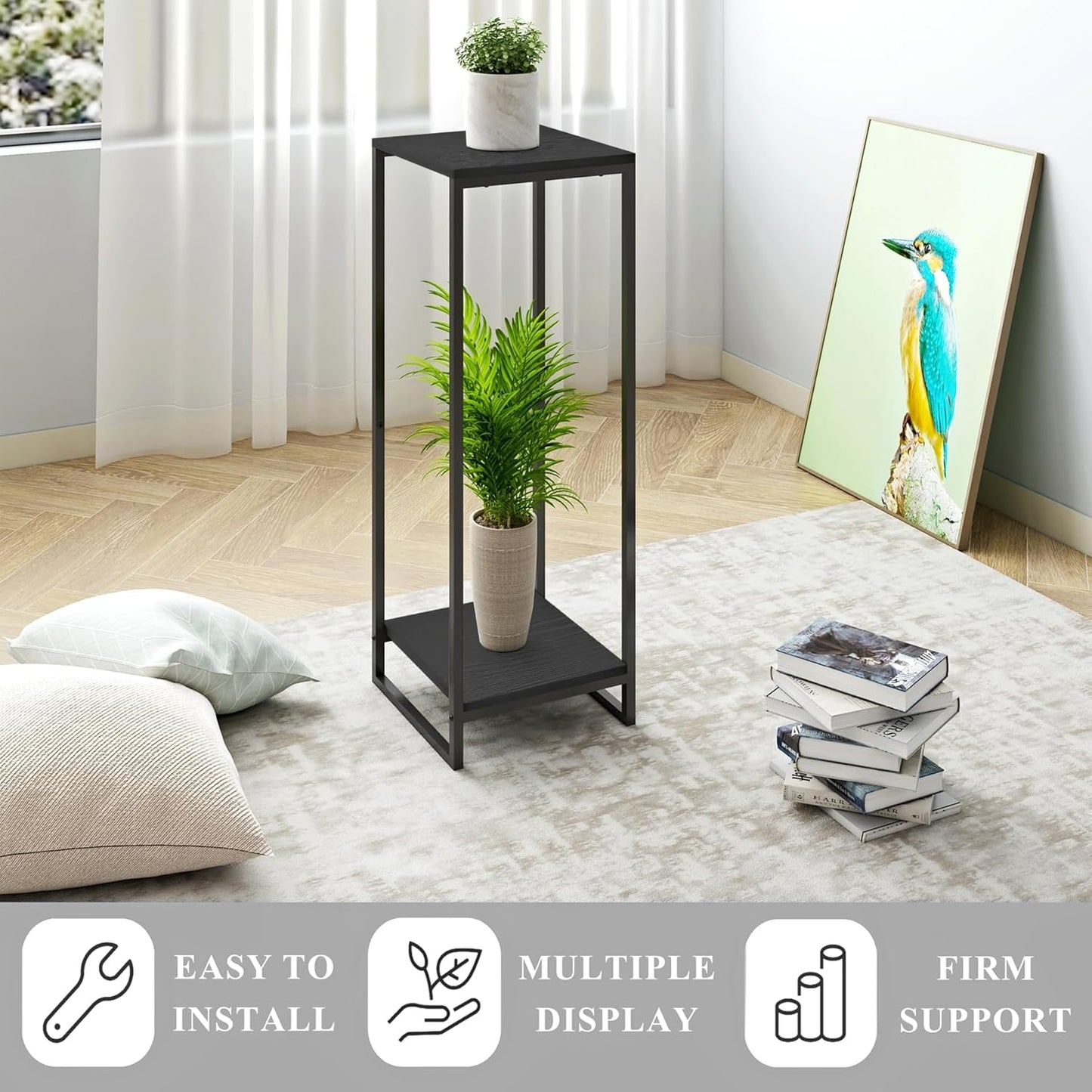34" Tall Plant Stand Indoor, 2-Tier Modern Plant Shelf, Corner Flower Pot Holder Organizer for Living Room Balcony Patio Garden (Black)