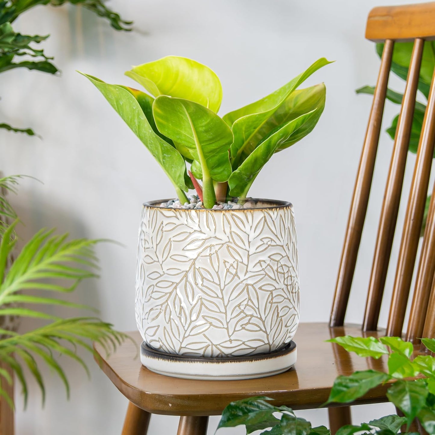 D'vine Dev 6 Inch Embossed Leaves Stoneware Planter Pot with Drainage Hole and Saucer, Smoked White, Set of 2, 27-F-X-1