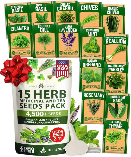 HOME GROWN 15 Herb Seeds for Planting 4,500+ Non-GMO Heirloom Seeds | Extra Large Variety Pack Herb Kit – Indoor Outdoor & Hydroponic | Culinary Seed Set | Grow Your Own Herbs | Gardening Gift