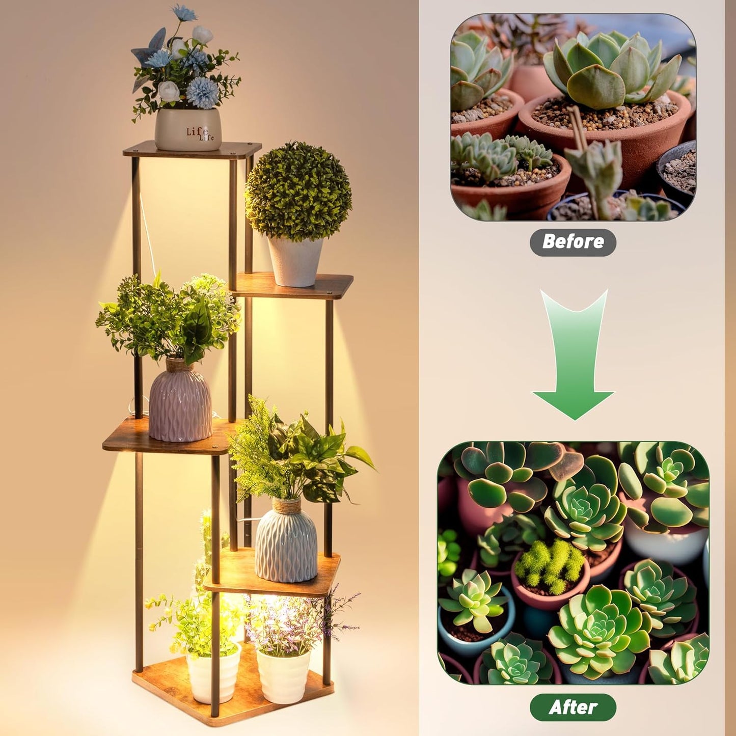 Dreyoo Plant Stand with Grow Light Indoor, 5 Tier 5 Potted Sturdy Metal Plant Shelf, Multiple Holder Tall Ladder for Display Flower Corner Living Room Office(Black, Brown)