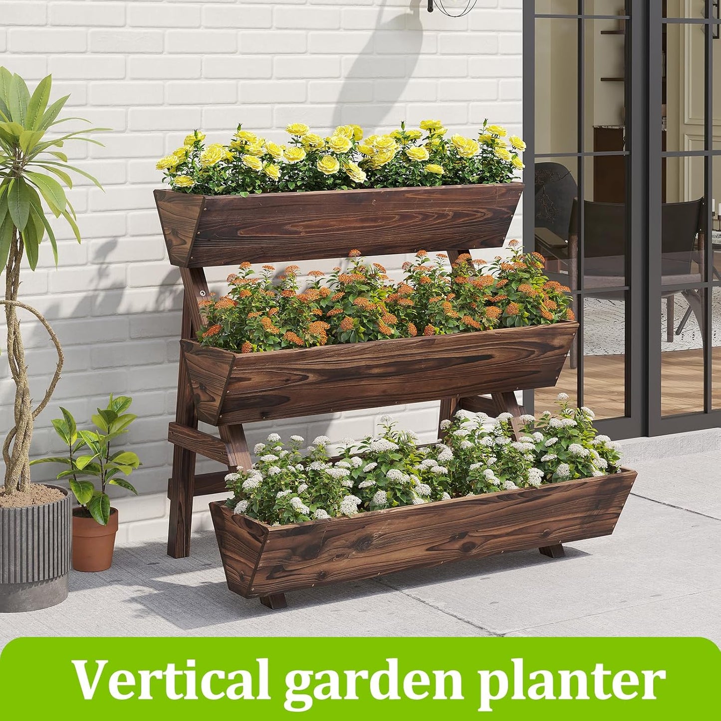 3-Tiers Wooden Raised Garden Bed Tiered Planter Box Vertical Garden Planter Wood Plant Stand for Patio, Balcony, Freestanding (Carbonized L)