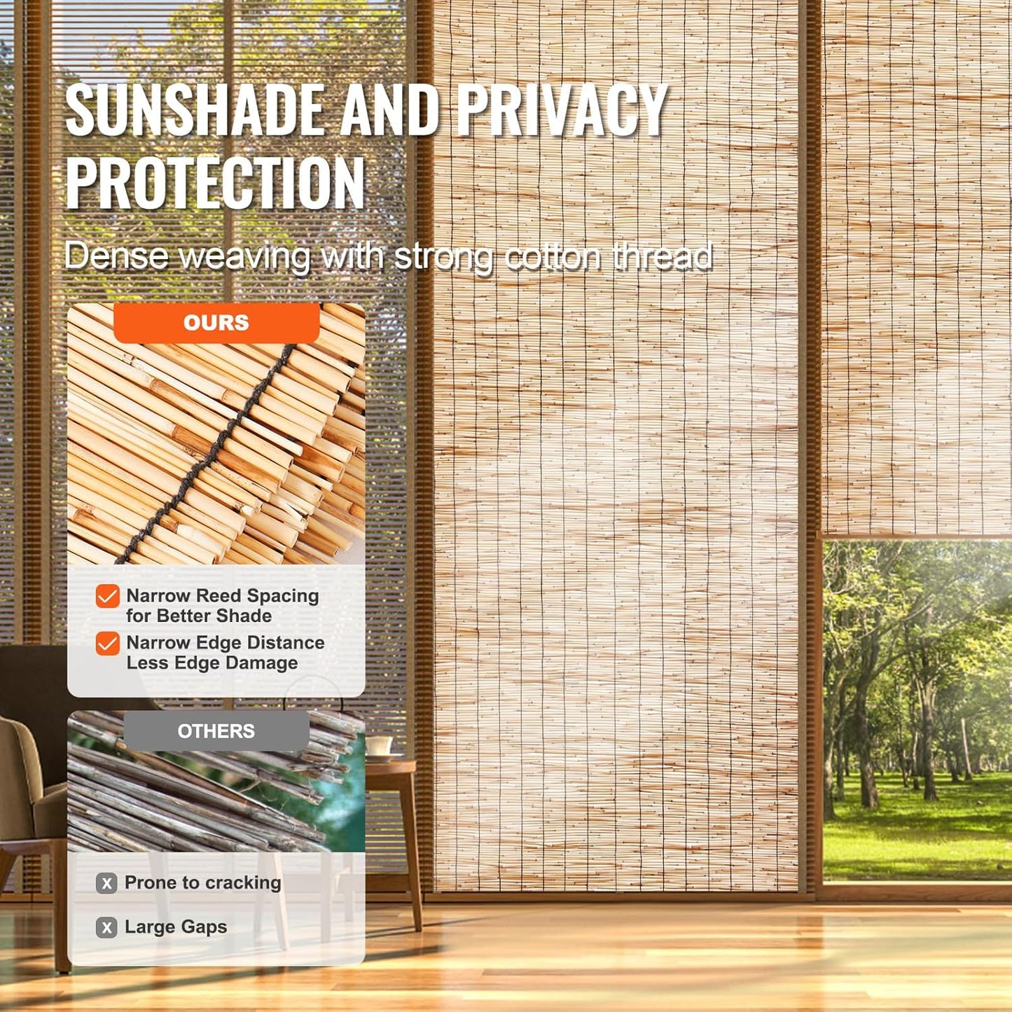 VEVOR Natural Reed Fencing, 4 ft x 16.4 ft, Reed Screen Curtain Balcony Reed Fence Roll for Outdoor Backyard Patio, Decorative Fence for Backyard Garden Fencing Divider, Privacy Screen Panel, Natural