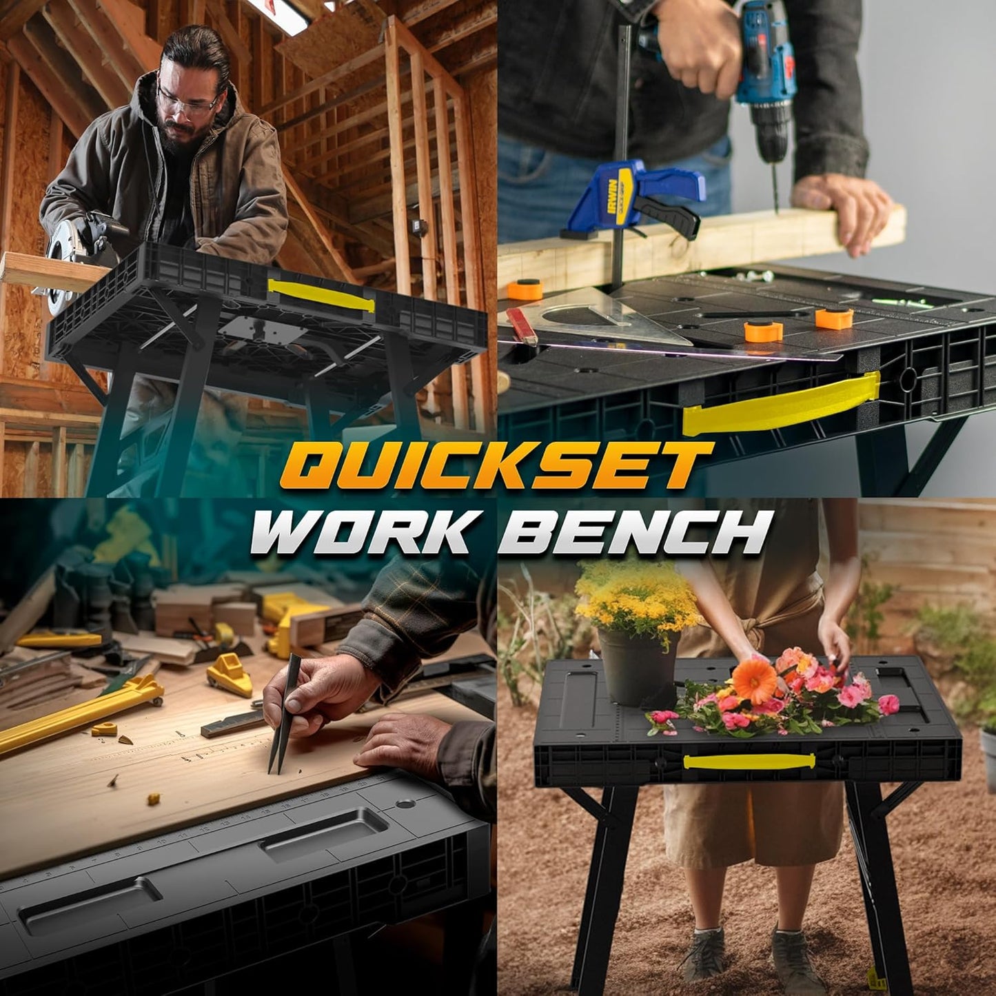 Foldable Work Bench,Easy Step Protable Work Table,34" W x 25" D x 31" H Lightweight Workbench wih 1650 LBS,Work Benches for Garage,Work Bench Suitable for Garage,Workshop and Home (Yellow)