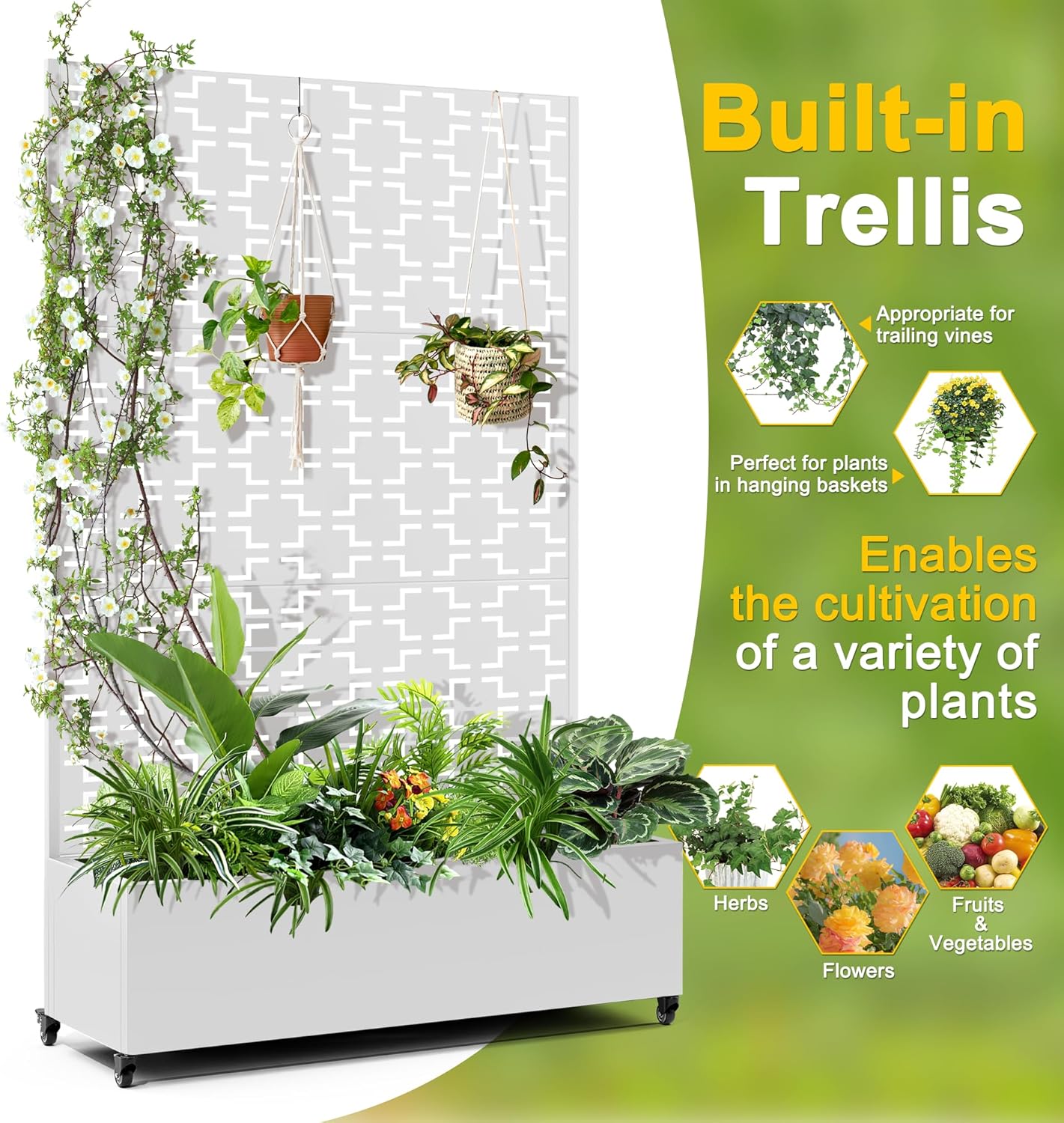 FENCY Metal Raised Garden Bed with Wheels and Trellis,73"x47"x16" Planter Box for Climbing Plants, Vegetables & Vines, Features Privacy Screen and Drainage Holes (White-Square)