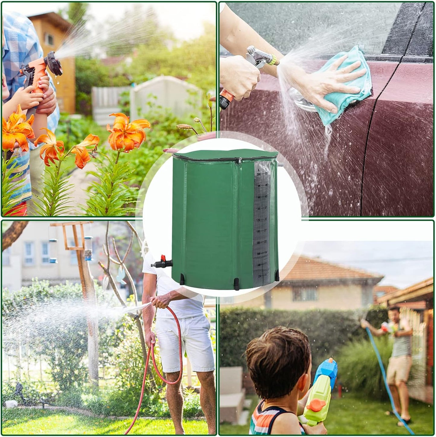 Collapsible Rain Barrel, 50 Gallon Portable Rainwater Collection System, Rain Catcher Barrel with Volume Scale Mark, Spigots and Overflow Kit, Rain Water Barrel Collector for Garden, Green