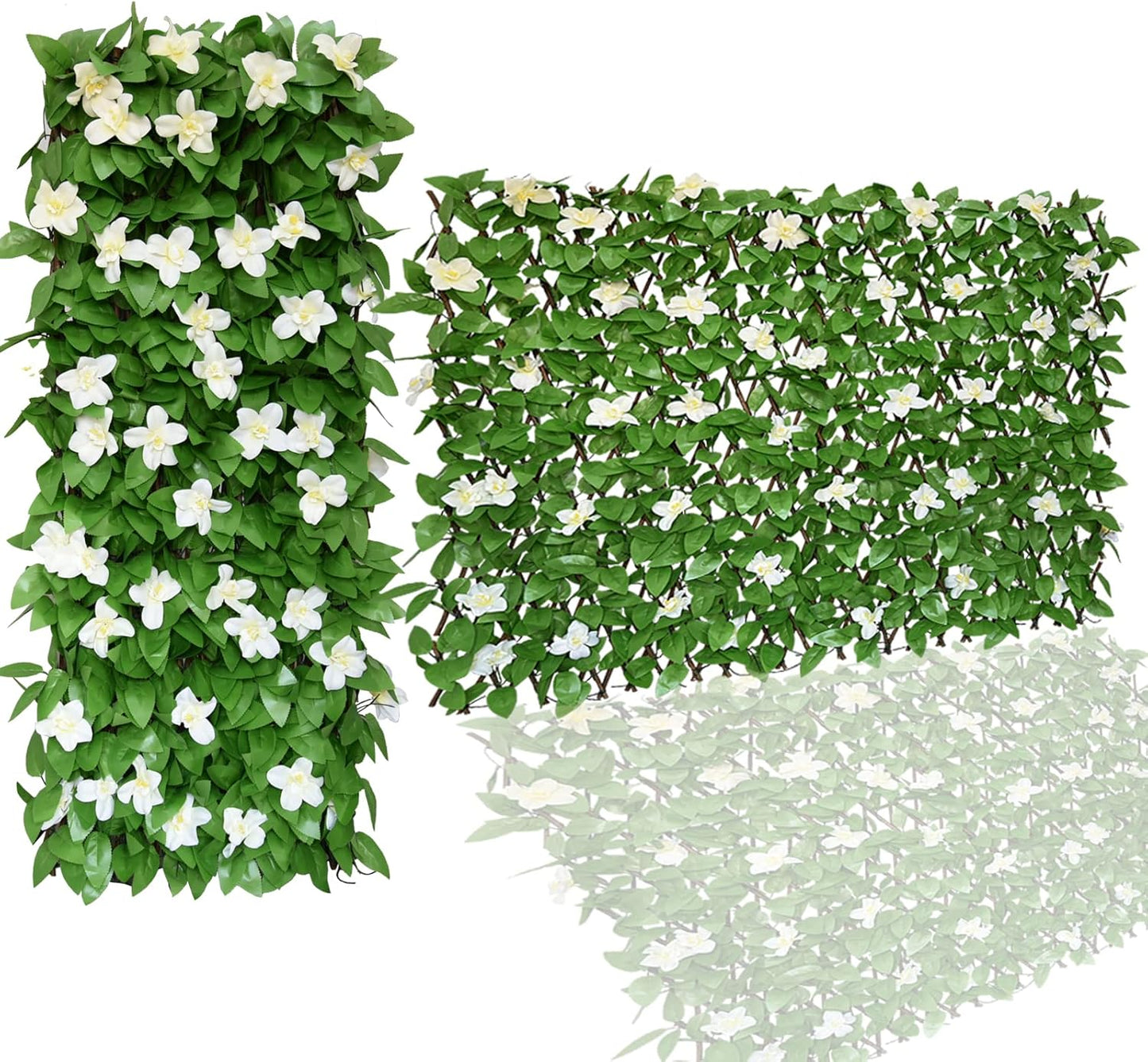 Expandable Faux Ivy Fence,Artificial Privacy Screen Decor for Outdoor Wall, Balcony and Patio, Single Sided Leaves (2,White Flower)