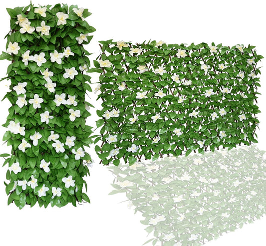 Expandable Faux Ivy Fence,Artificial Privacy Screen Decor for Outdoor Wall, Balcony and Patio, Single Sided Leaves (2,White Flower)