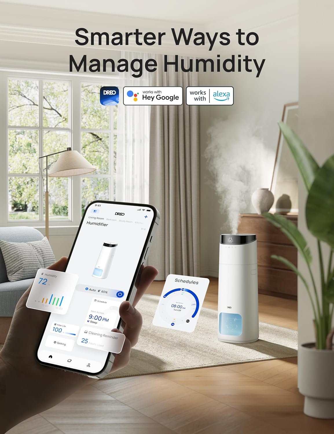 Dreo 16L Smart Humidifier Large Room 1000 ft², 130H Cool Mist Air Humidifiers for Bedroom Plants Baby, Top Fill, Remote/Touch/Voice & APP Control, Self-Cleaning Tank, 30dB, RGB Light, HM755S White