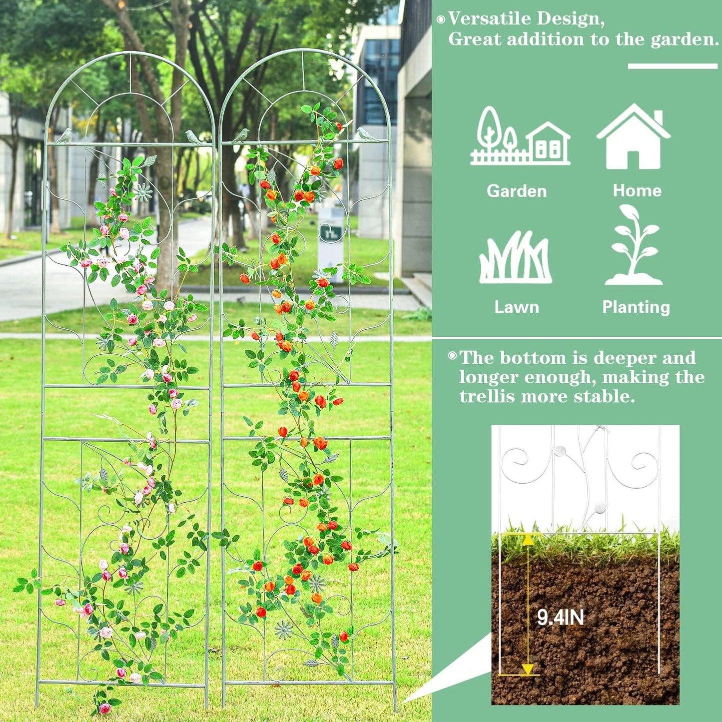 Sungmor Large Metal Garden Trellises for Climbing Plants - 82.5 Inch Tall & 2PC Green Pack - Beautiful Retro Style Metal Fence Trellis - Gardening Vines Plant Support for Flower Rose Climbing