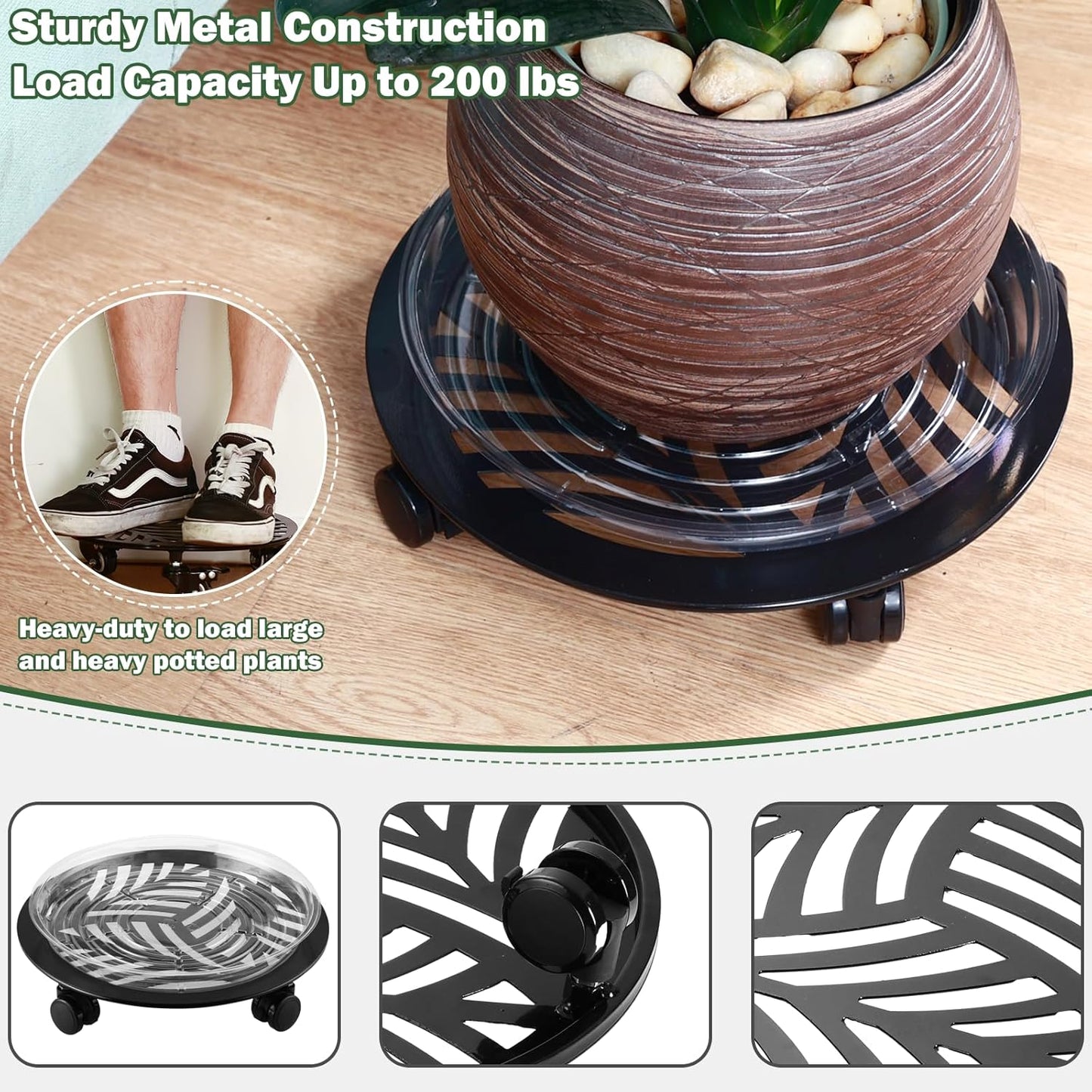 5 Packs Large Metal Plant Caddy with PU Wheels 12" Heavy-Duty Wrought Iron Rolling Plant Stands Indoor Outdoor Wheeled Plant Dolly Planter Mover Rollers Plant, Leaf Style