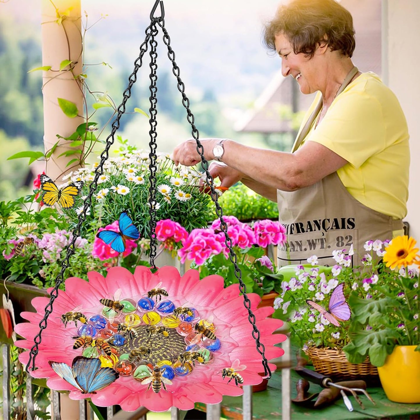 Bee Watering Station for Garden, Bee Bath Feeders for Outside with Vivid Flower Design, Hanging Butterfly Bath Bowl with Glass Balls for Outdoor Courtyard Decoration (1Pcs-Pink)