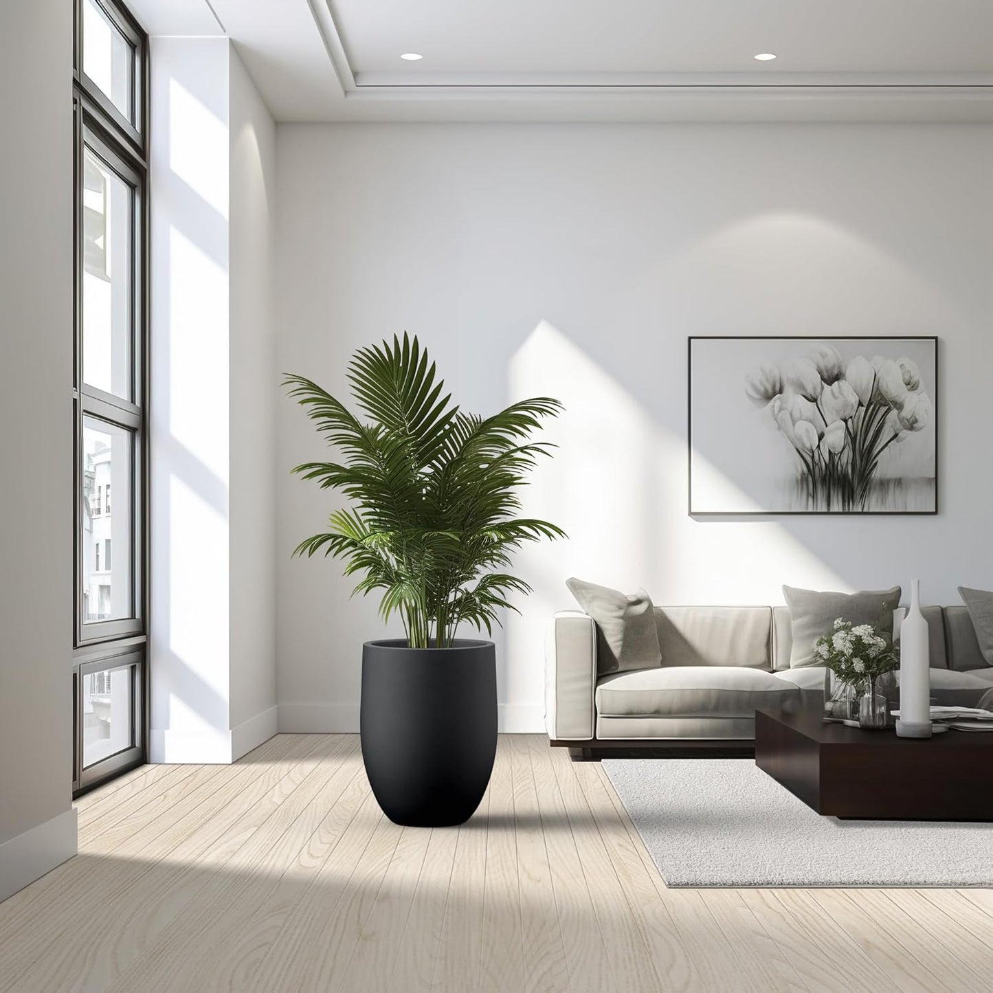 Kante 21.7 Inch Tall Concrete Planter, Large Indoor Outdoor Plant Pot with Drainage, Smooth Black Finish with Warm Brown Interior, Ideal for Porch, Home, Garden, Patio