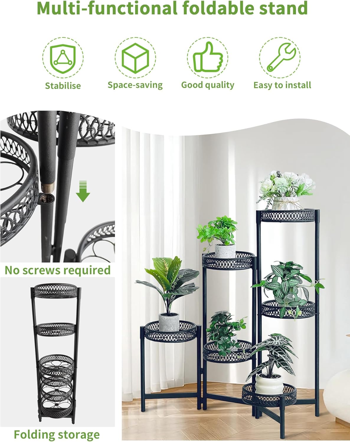 5 Tier Large Plant Stand Indoor with 7.9-Inch Wide Drainage Tray, Tiered Corner Metal Outdoor Flower Display Holder Shelf, Folding Tall Rack for House Patio Porch Balcony Graden - BlackFlower