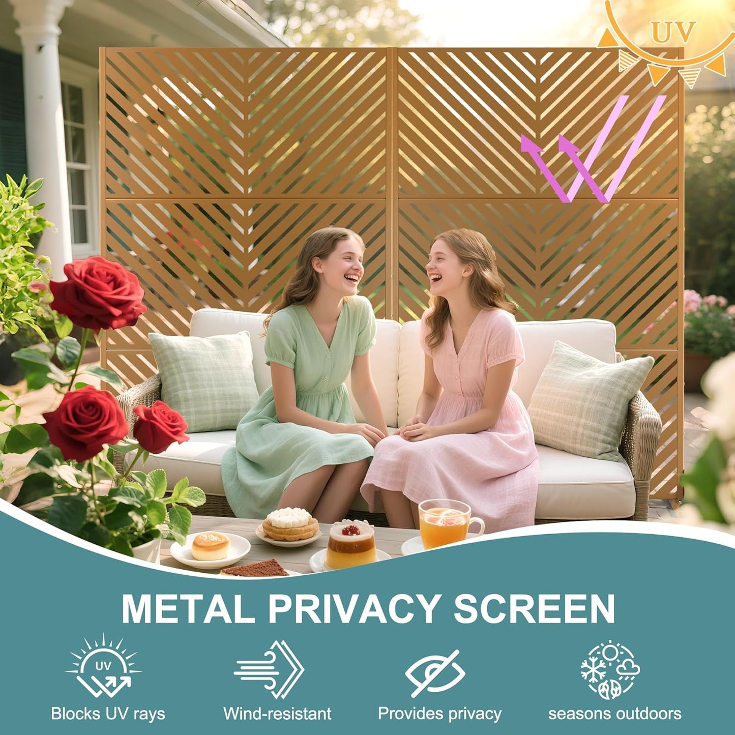 Metal Privacy Screen Outdoor Freestanding Privacy Wall Panels and Decorative Patio Dividers,Crafted from Steel with Sun-Proof Design, Ideal for Patio, Deck, Garden,72" H×47" L,（Brown&Parallel