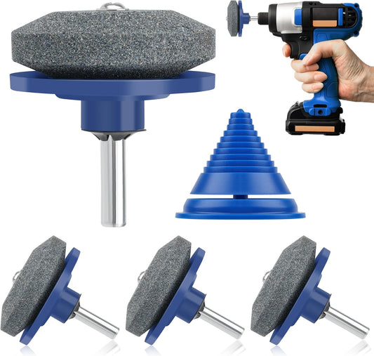 4+1PCS Lawn Mower Blade Sharpener, Universal Lawnmower Blade Sharpener Mower Sharpening Stone with 1PCS Balance Tool for Hand Drill/Power Drill