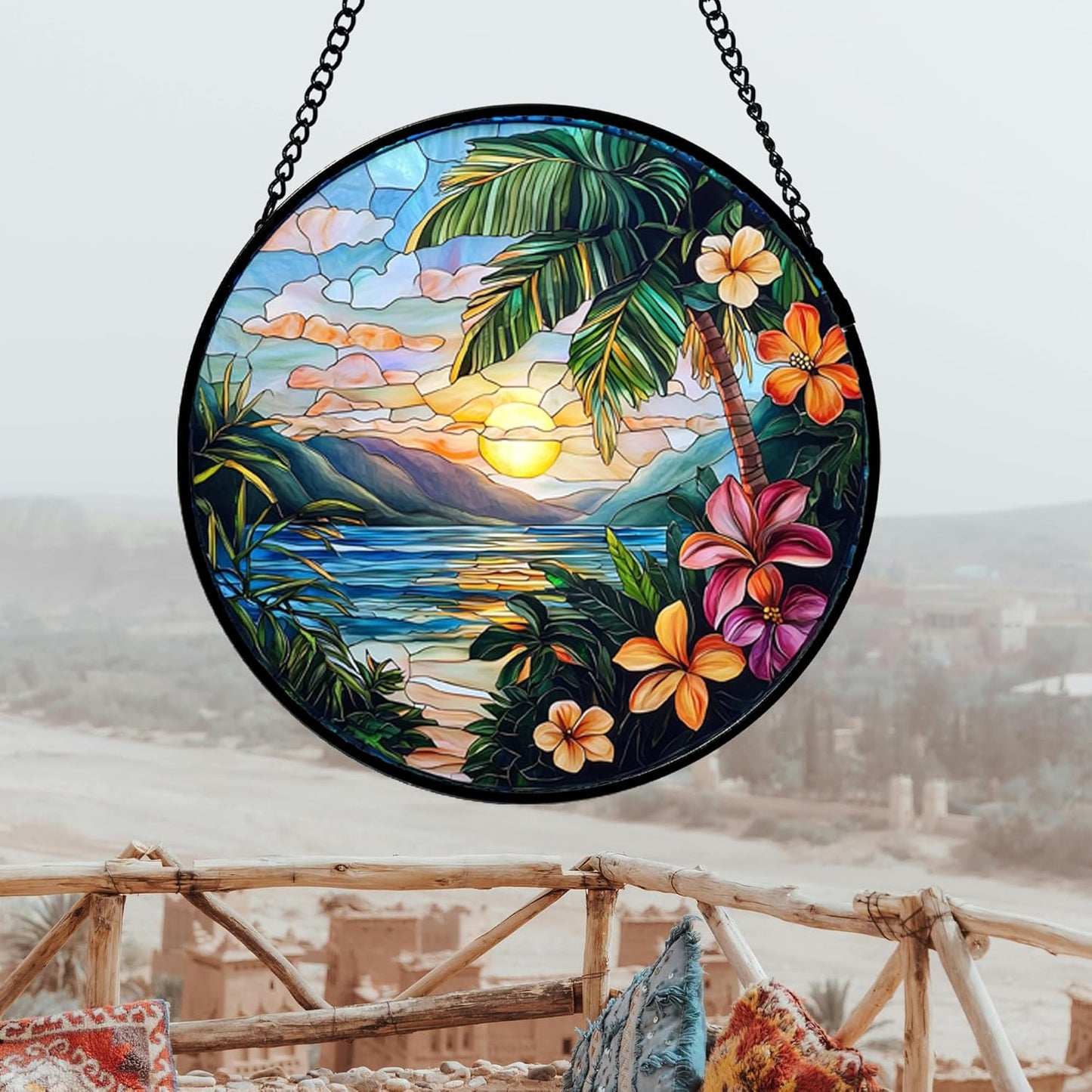 Stained Glass Window Hanging, Colorful Landscape Suncatcher for Doors Home Sun Catchers Decoration and Christmas, Mother's Day Birthday Gifts for Women, Men, and Mom 14.9x14.9 in