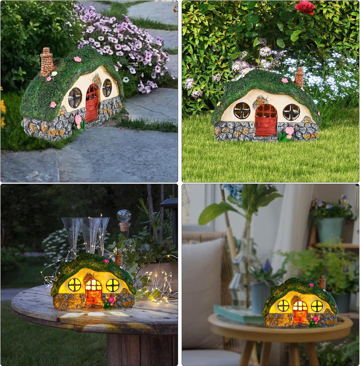 Fairy House Statues with Solar Powered Lights, Outdoor Figurine Lights Garden Statues, Fairy Garden Houses for Outside, Yard Decorations Outdoor Fairy Garden Accessories, Decor Gifts for Mom Women