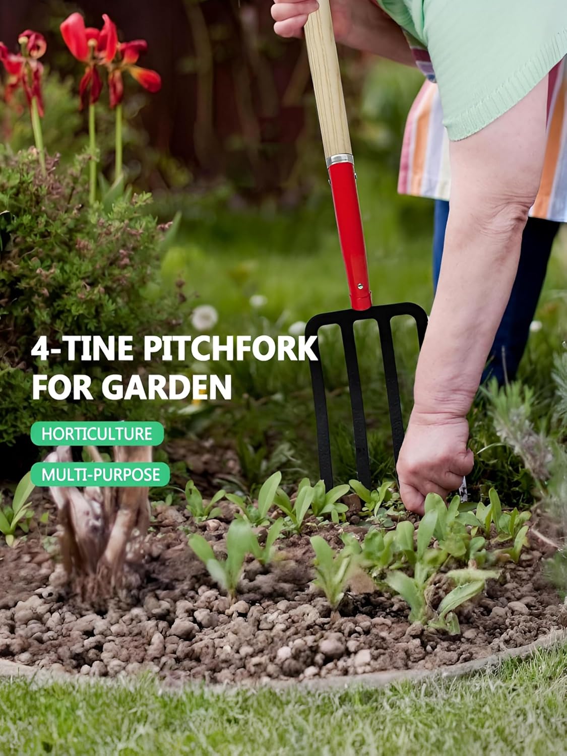 Heavy Duty Garden Fork for Digging, 4 Tines Pitch Fork for Gardening Compost, Garden Pitch Fork with Wooden Handle, 45 Inches-Red