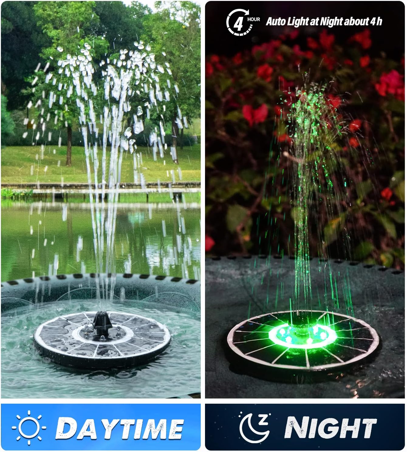Solar Fountain Glass Panel with 2200 mah Battery, 3.5W Floating Solar Water Fountain with 4 Fixed Rods, Solar Pump for Bird Bath, Garden, Pond, Pool, Outdoor-Colorful Lights