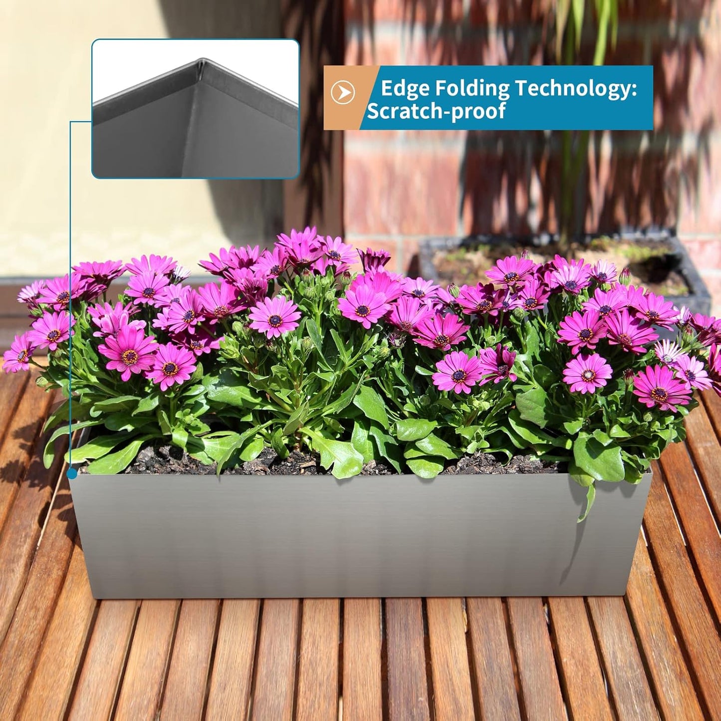 17" Large Stainless Steel Planter Box with Drain Holes and Water Reservoir, Rectangle Succulent Trough Planter Pot for Indoor Outdoor Windowsill, Table Decor (Brushed Nickel)