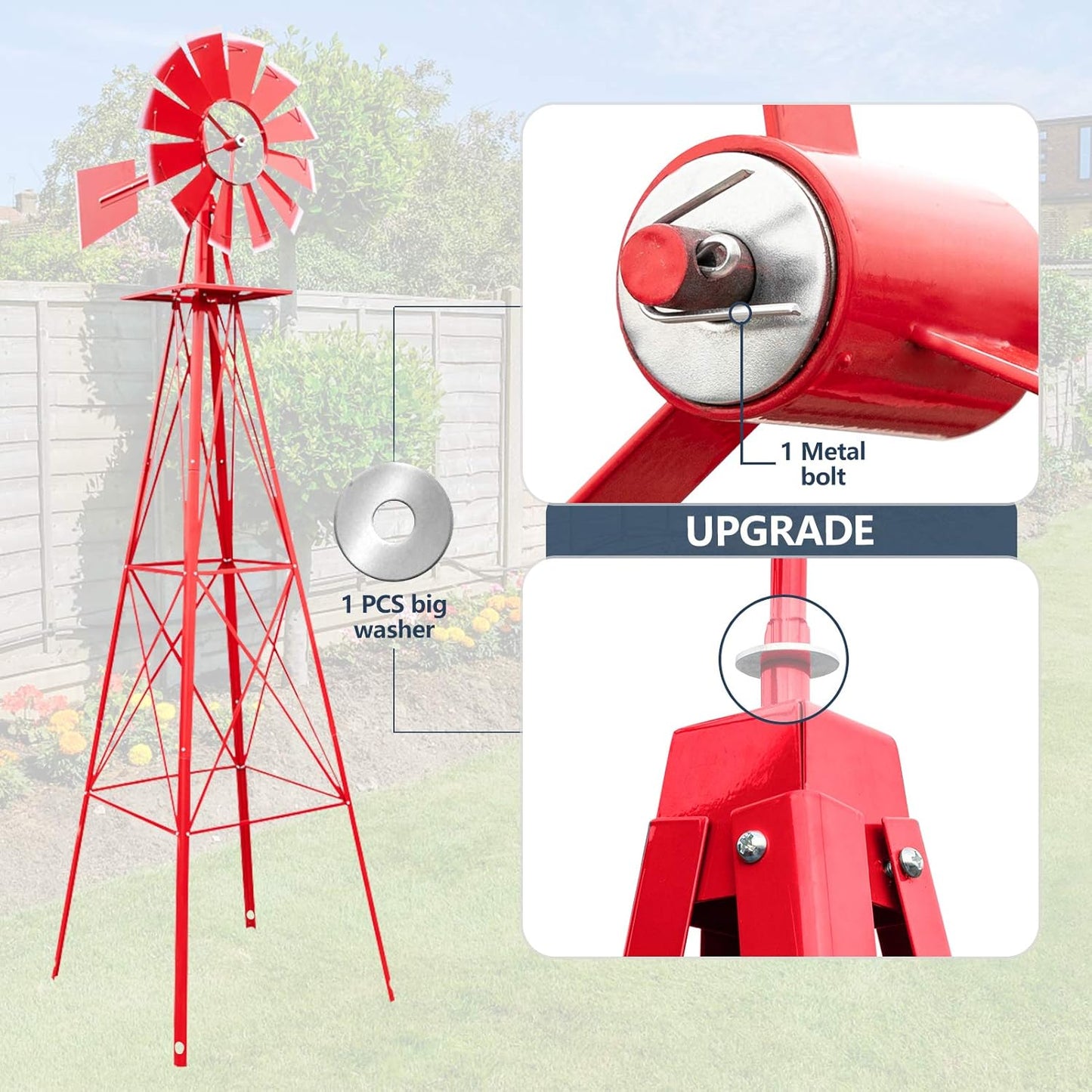 8ft Garden Windmill, Heavy Duty Durable Metal Weather Vane for Backyard, Ornamental Windmill for Yard Weather Resistant (Red, 8FT)