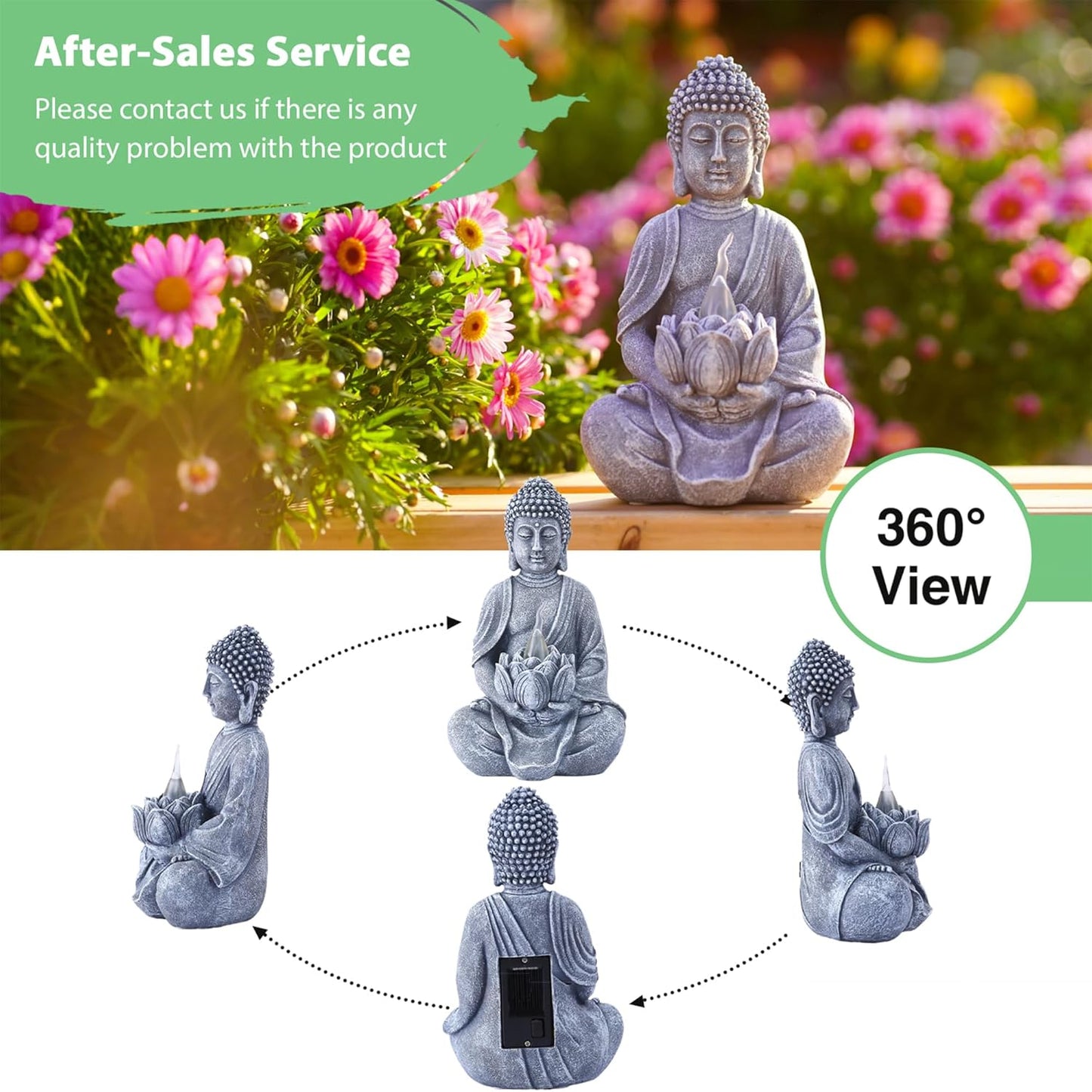 Goodeco Buddha Statue with Solar Lotus - Meditating Yoga Statues with Solar LED Lights, 8.1 Inches Sitting Buddha Serene Resin Figurine for Patio Yard Lawn Ornaments, Home & Outside (Grey Buddha)