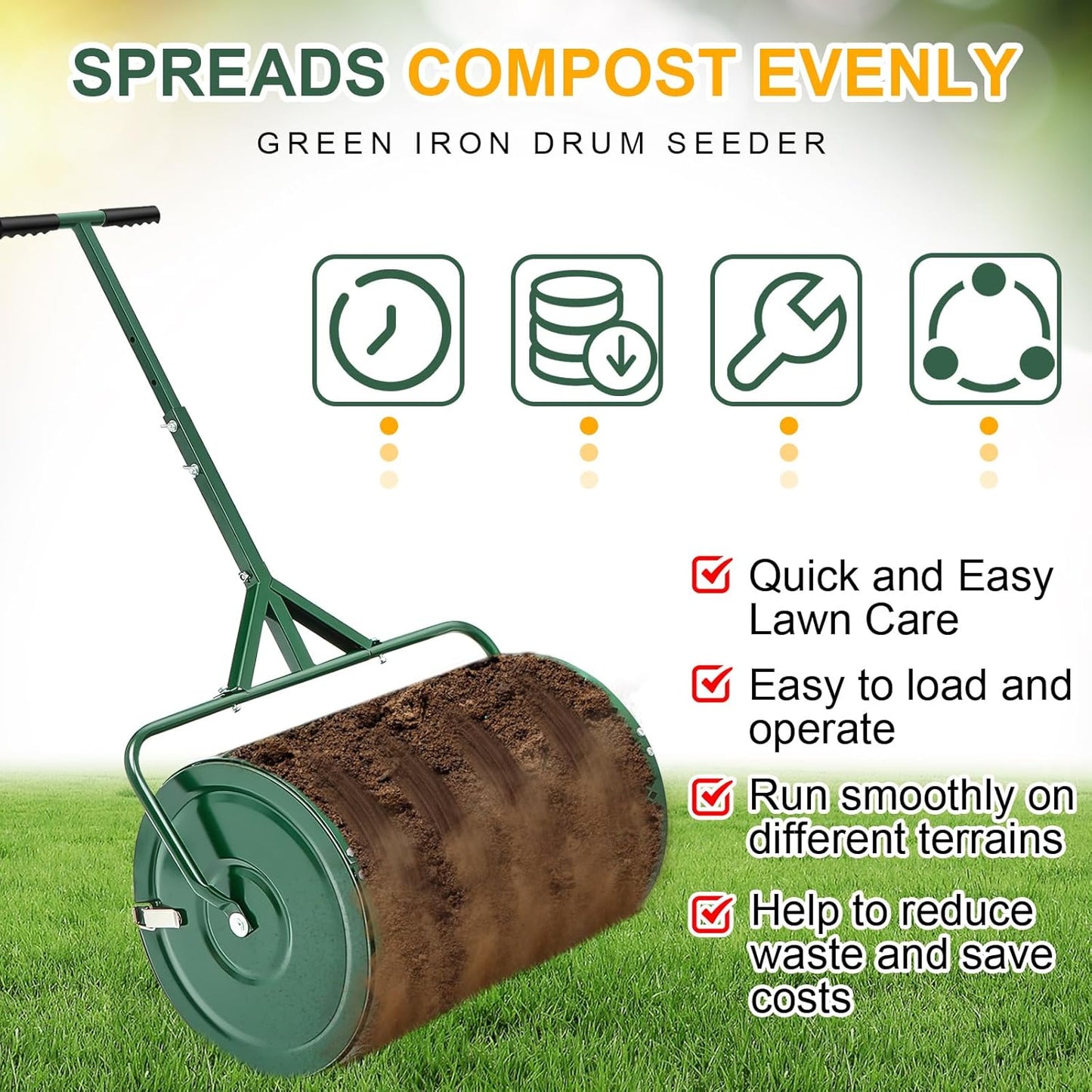 Hiboom 24 Inch Compost Spreader, Peat Moss Spreader, Manure Roller with Adjustable T Shaped Handle, Lightweight Metal Mesh for Lawn Garden Spreading Manure Topsoil (Green)