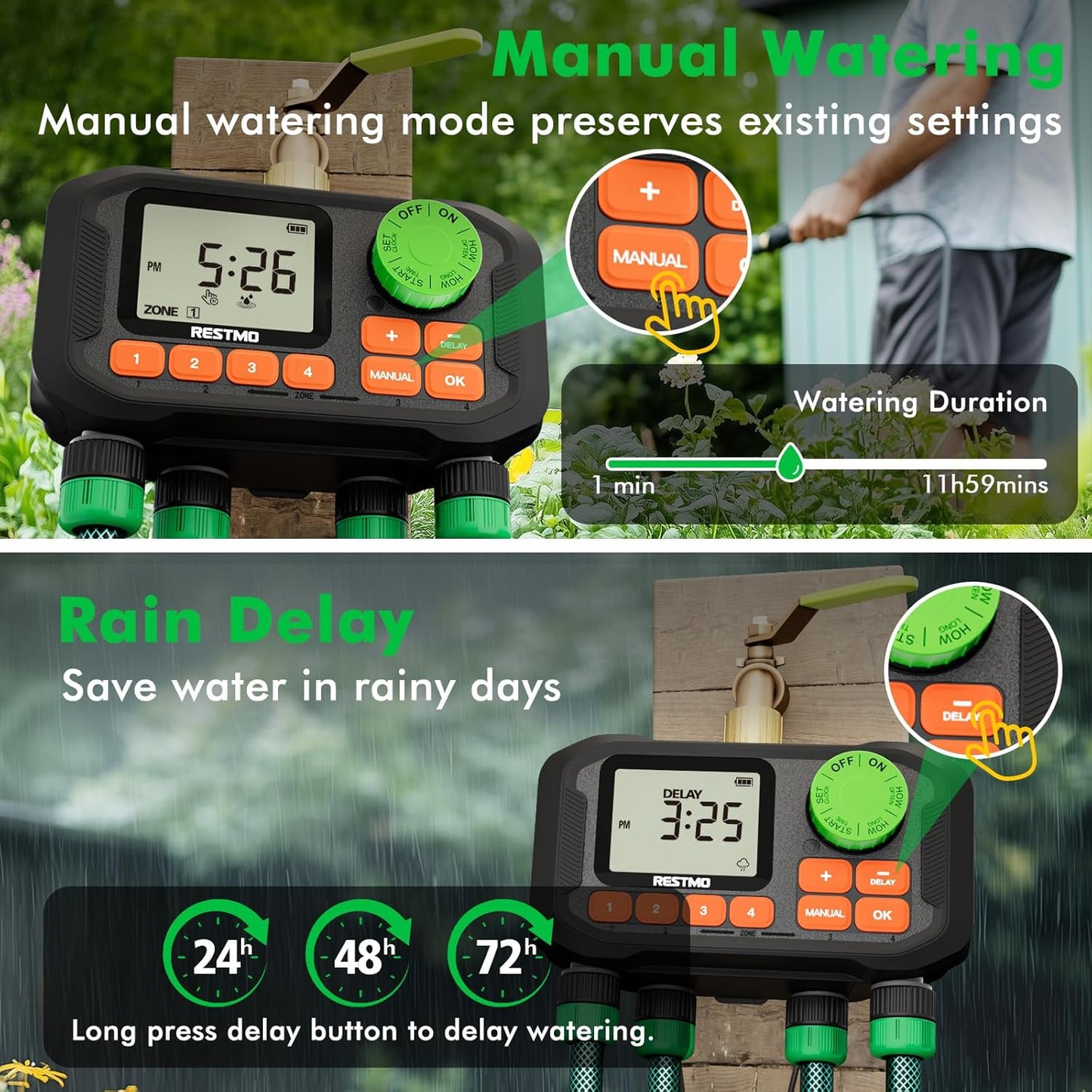 RESTMO 4 Zone Sprinkler Timer with Brass Inlet, Programmable Water Timer for Garden Hose, Automatic Control | Manual ON/Off | Rain Delay for Outdoor Faucet, Drip Irrigation and Lawn Watering System