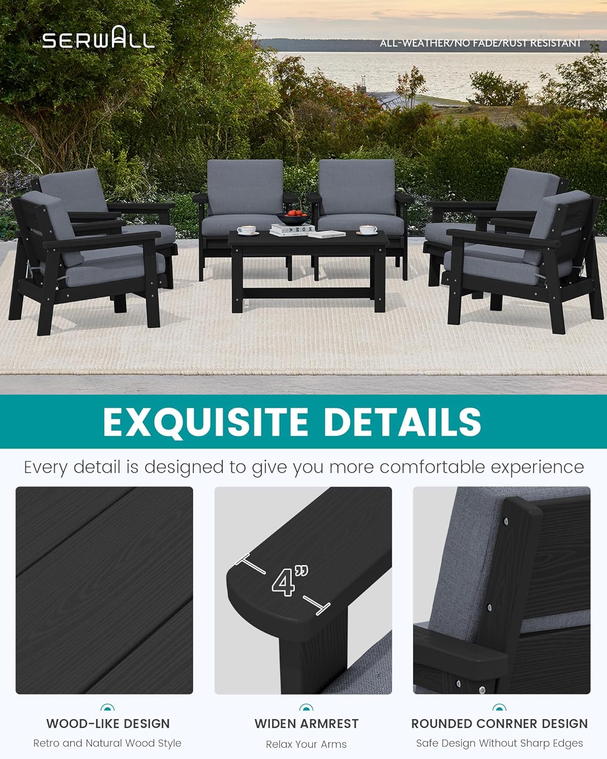 SERWALL HDPE Outdoor Furniture Set, 7 Piece All Weather Wood-Like Outdoor Sofa Sectional Couch, Black Patio Furniture Set with Grey Cushions