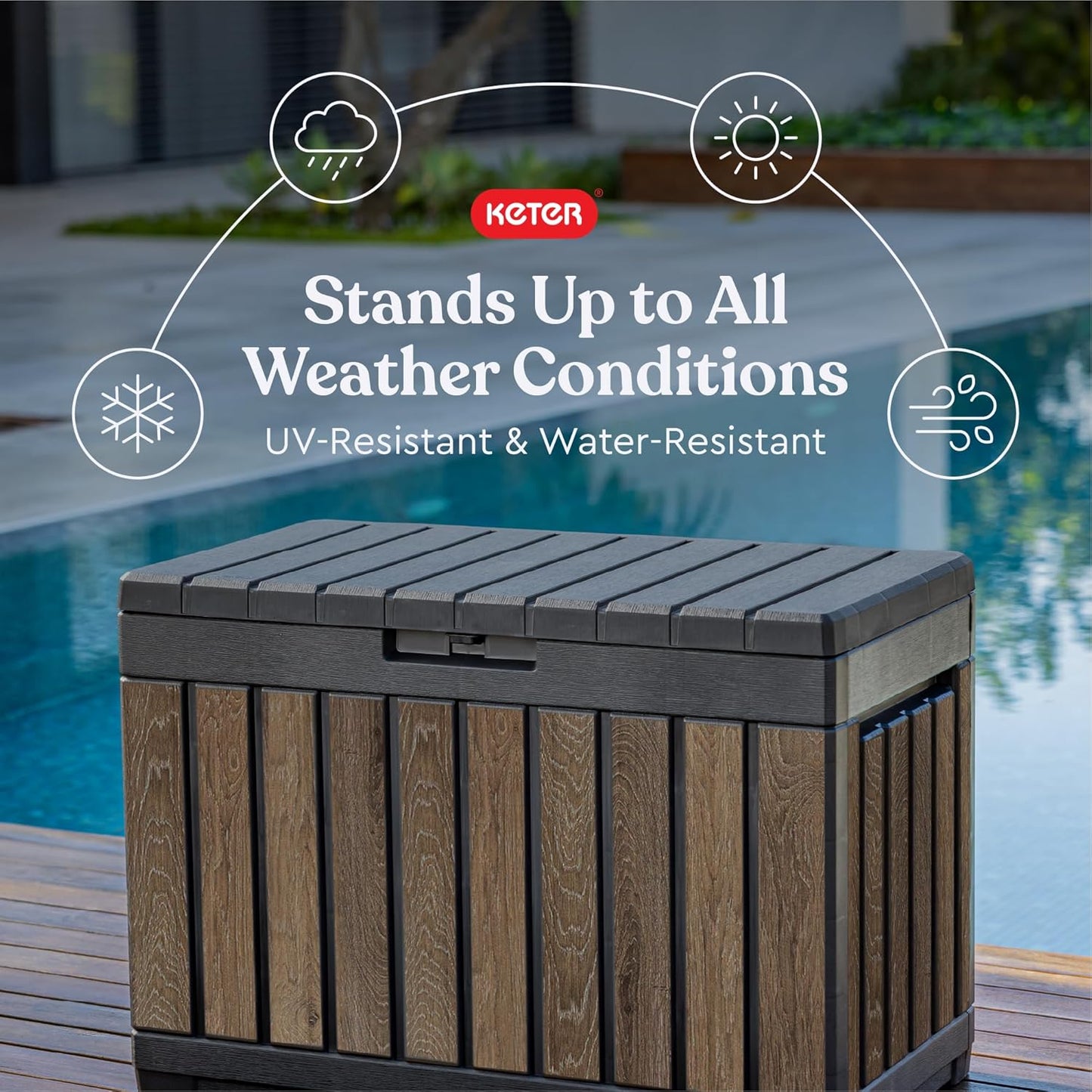 Keter Signature Everwood 50 Gallon Resin Outdoor Storage Box and Patio Furniture Side Table for Pool and Garden Accessories, Walnut
